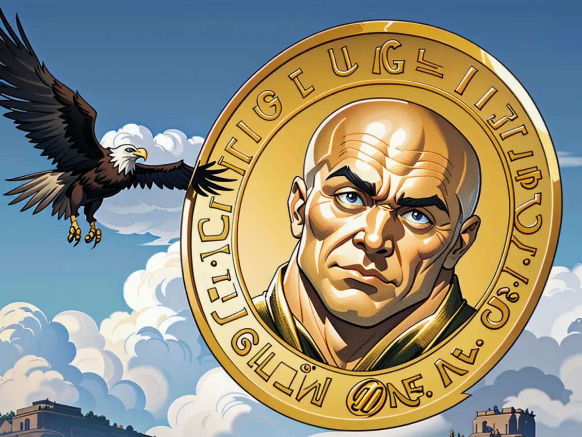 A drawing displays a gold coin featuring the likeness of Paul Atkins, accompanied by a bald eagle.