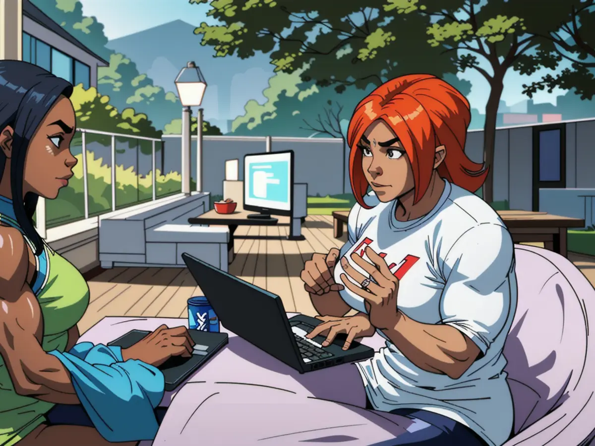 Two Joyful African-American Sisters in Their Twenties Engaging with a Laptop Computer at a Park Table as Twilight Approaches and Attractive Lighting Enhances the Scene Two Joyful African-American Female Twins Engaged with a Laptop Computer at a Park Table as Twilight Decorates the Surroundings with Attractive Lighting