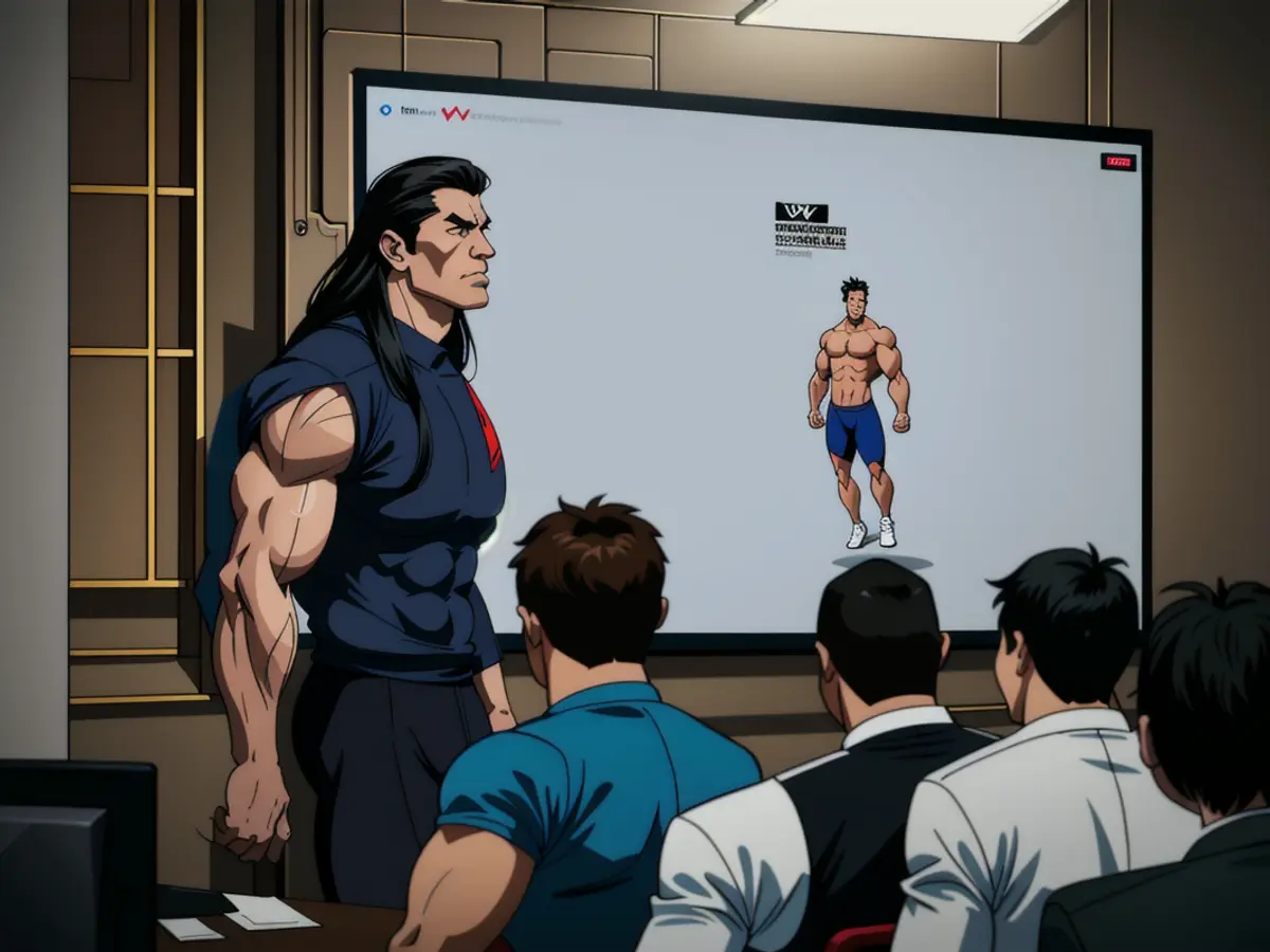 Businessfolk from Asia convene during a video conference in a meeting room, utilizing a projector...